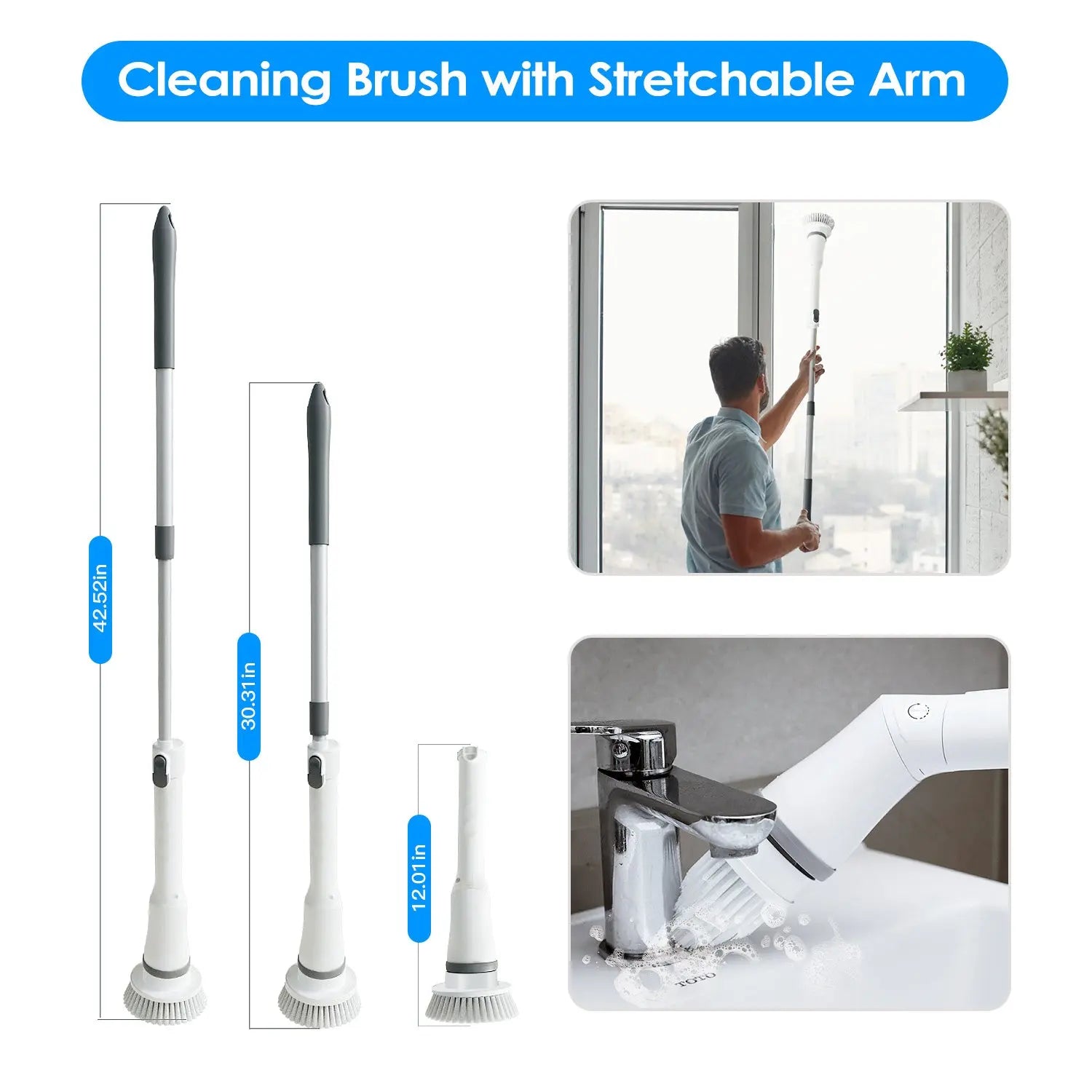 1Set Electric Spin Scrubber Cordless Rechargeable Telescopic Cleaning Brush 6 Replaceable Heads 2 Speed Adjustable Extension Arm Bathroom Tub Tile Floor Now and Later