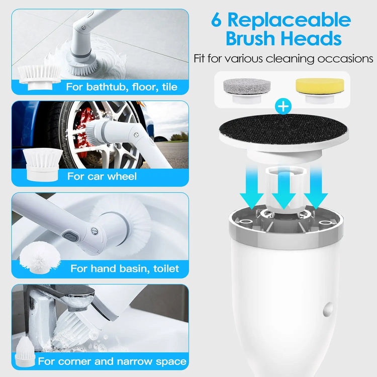 1Set Electric Spin Scrubber Cordless Rechargeable Telescopic Cleaning Brush 6 Replaceable Heads 2 Speed Adjustable Extension Arm Bathroom Tub Tile Floor Now and Later