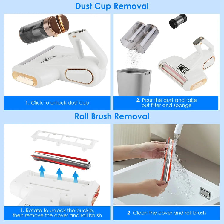 1Pc Mattress Vacuum Cleaner 16Kpa Bed Vacuum Cleaner Handheld Vacuums With Ultrasonic And UVC Light 18000 RPM Brushroll Rotation Dual Dust Bins Washable Filters For Bed Pillows Cribs Sofa Now and Later