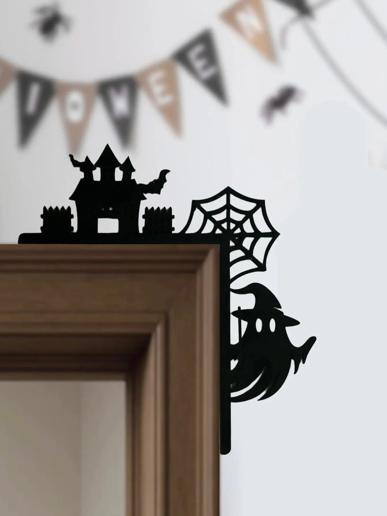 Wooden Halloween Door Corner Decor, Gothic Haunted House, Ghost & Spider Web Design, Black Wall Hanging Ornament for Home Party Now and Later