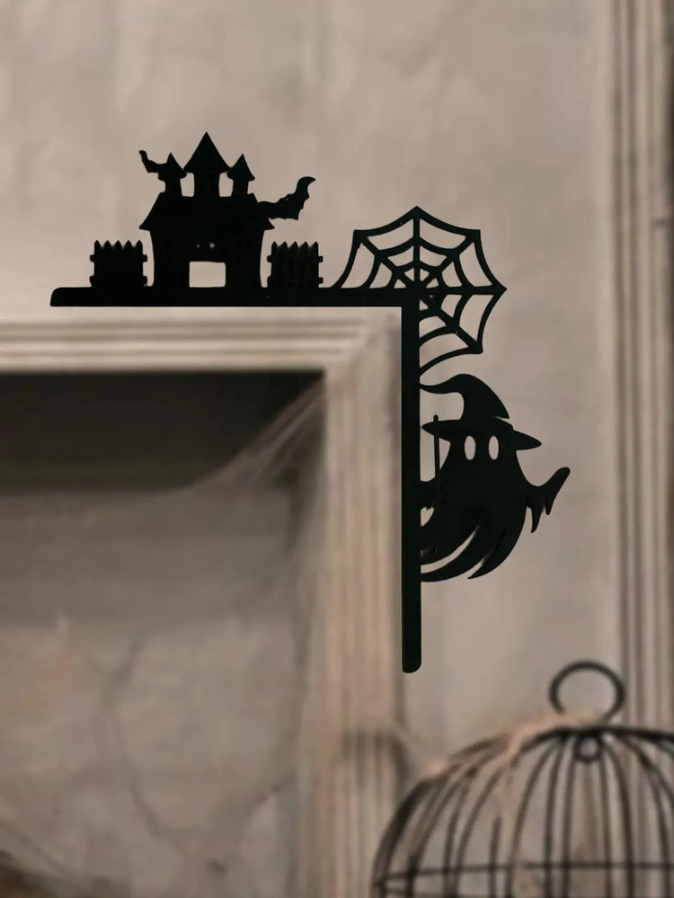 Wooden Halloween Door Corner Decor, Gothic Haunted House, Ghost & Spider Web Design, Black Wall Hanging Ornament for Home Party Now and Later