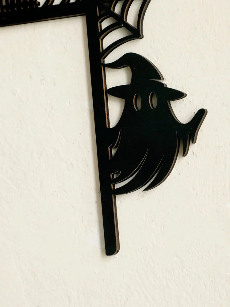Wooden Halloween Door Corner Decor, Gothic Haunted House, Ghost & Spider Web Design, Black Wall Hanging Ornament for Home Party Now and Later