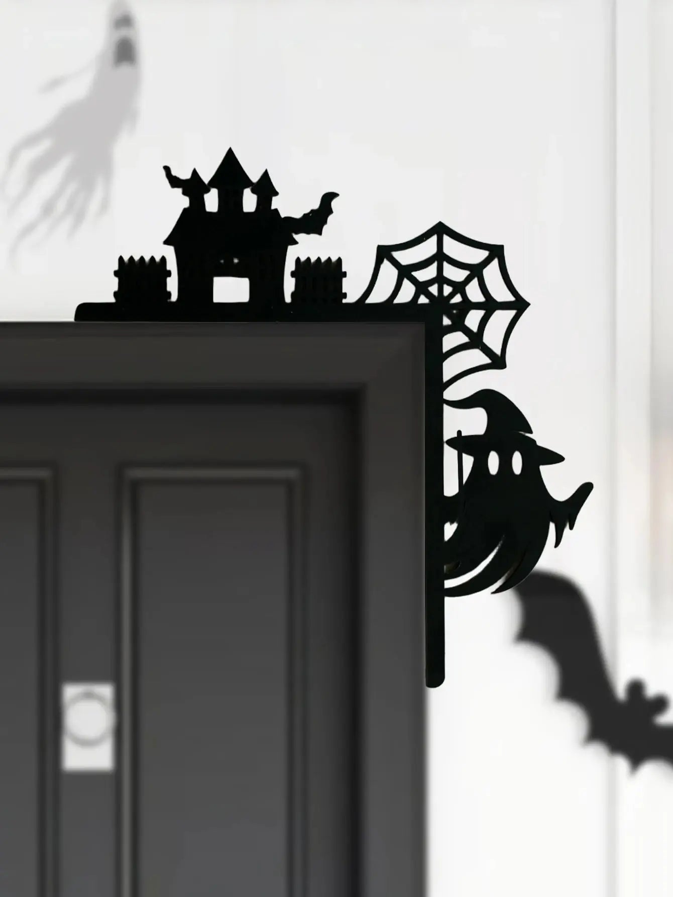 Wooden Halloween Door Corner Decor, Gothic Haunted House, Ghost & Spider Web Design, Black Wall Hanging Ornament for Home Party Now and Later