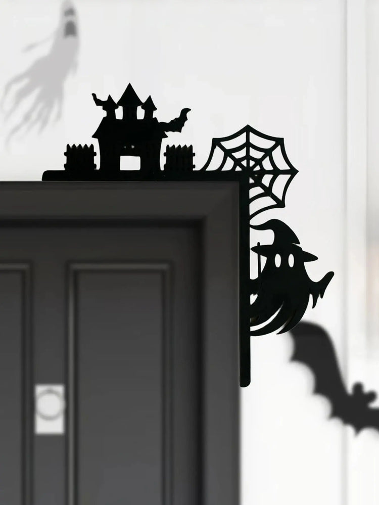 Wooden Halloween Door Corner Decor, Gothic Haunted House, Ghost & Spider Web Design, Black Wall Hanging Ornament for Home Party Now and Later