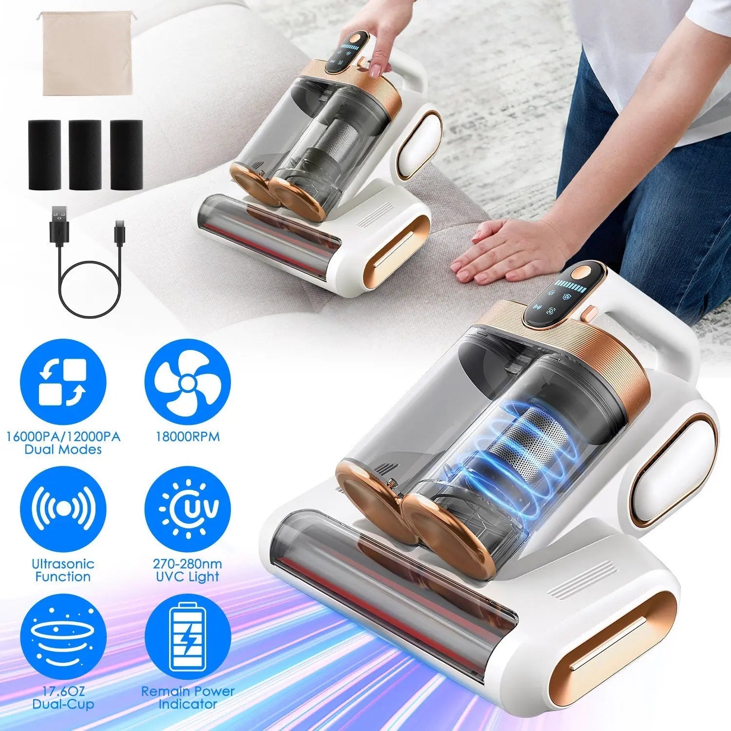 1Pc Mattress Vacuum Cleaner 16Kpa Bed Vacuum Cleaner Handheld Vacuums With Ultrasonic And UVC Light 18000 RPM Brushroll Rotation Dual Dust Bins Washable Filters For Bed Pillows Cribs Sofa Now and Later