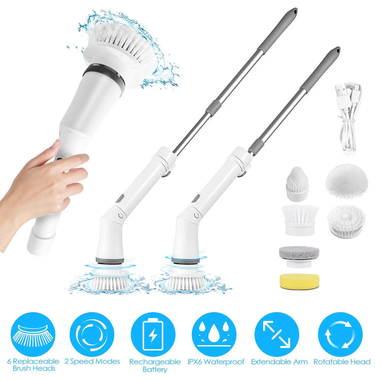 1Set Electric Spin Scrubber Cordless Rechargeable Telescopic Cleaning Brush 6 Replaceable Heads 2 Speed Adjustable Extension Arm Bathroom Tub Tile Floor Now and Later
