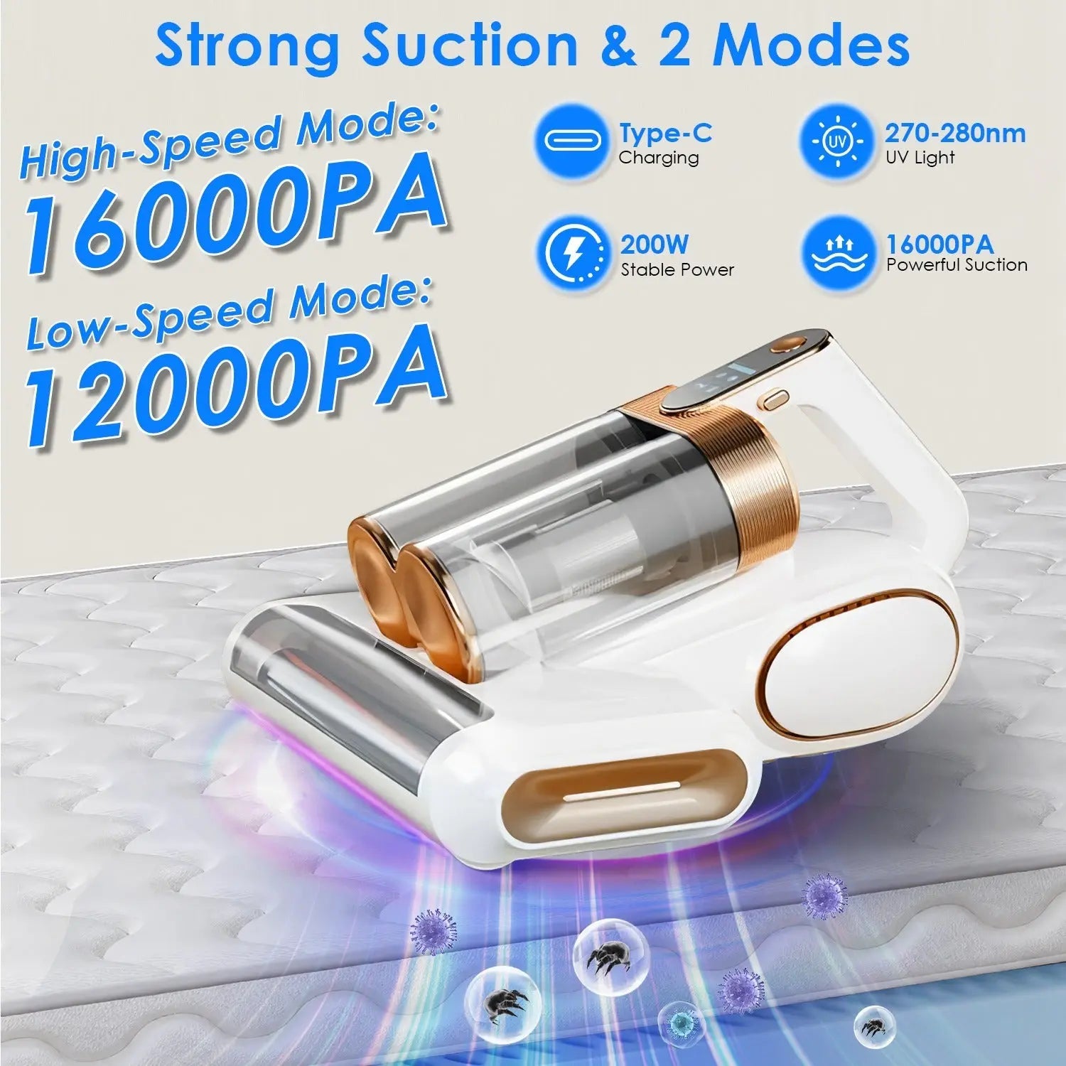 1Pc Mattress Vacuum Cleaner 16Kpa Bed Vacuum Cleaner Handheld Vacuums With Ultrasonic And UVC Light 18000 RPM Brushroll Rotation Dual Dust Bins Washable Filters For Bed Pillows Cribs Sofa Now and Later