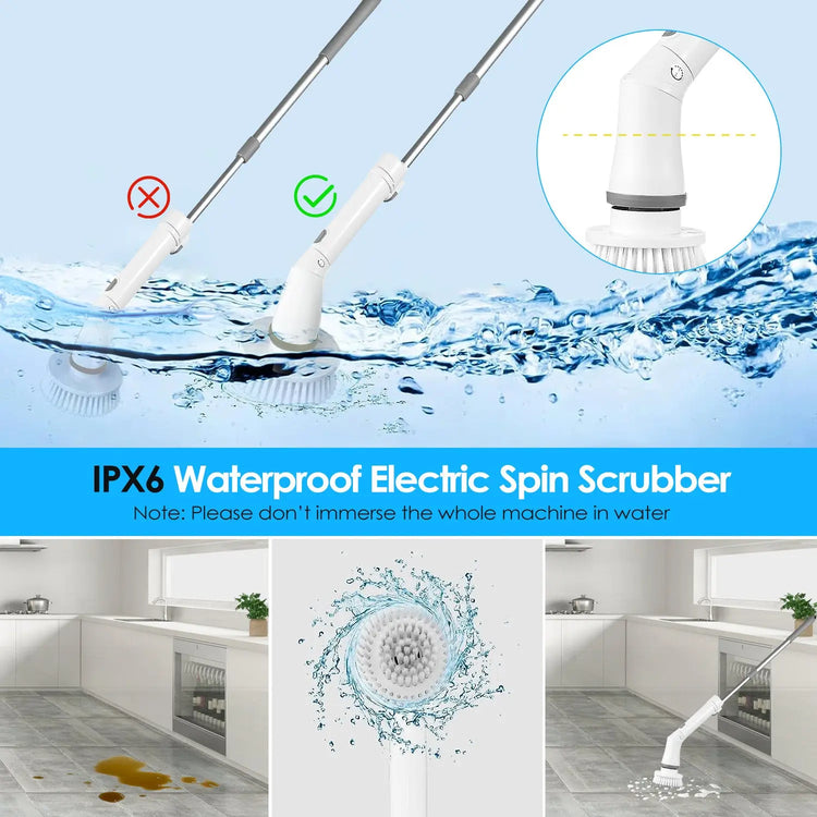1Set Electric Spin Scrubber Cordless Rechargeable Telescopic Cleaning Brush 6 Replaceable Heads 2 Speed Adjustable Extension Arm Bathroom Tub Tile Floor Now and Later